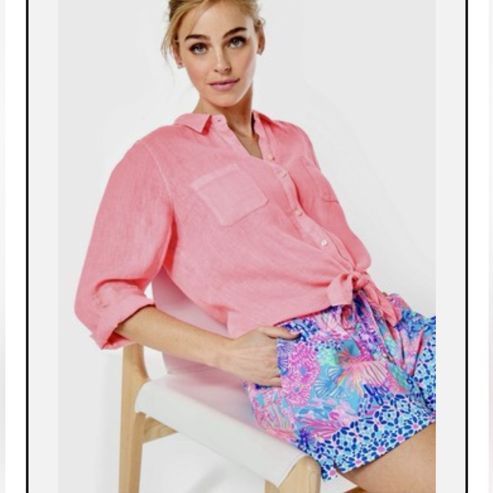 Lilly Pulitzer Sea View Linen Button-Down Top SZ M Sunrise Coral - Picture 2 of 14